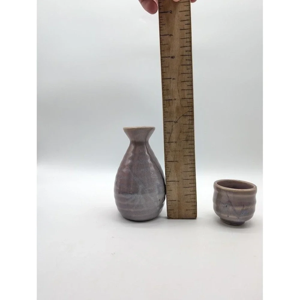 Vintage‎ Handmade Japanese Ceramic Sake Tokkuri Carafe Ochoko Cups Glazed Purple